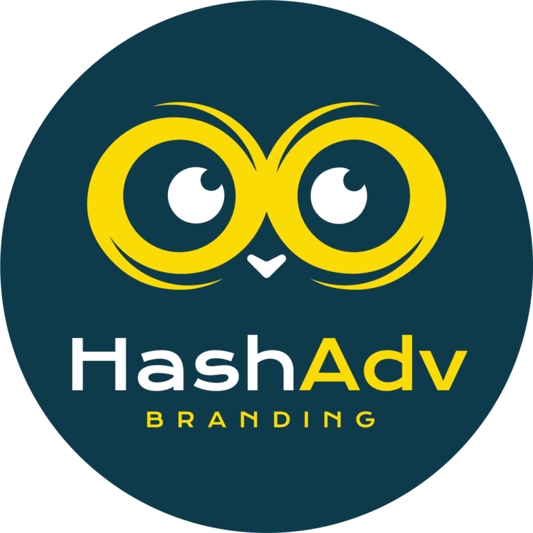 HashAdv Branding logo with yellow owl eyes on a teal blue background, bold and circular design.