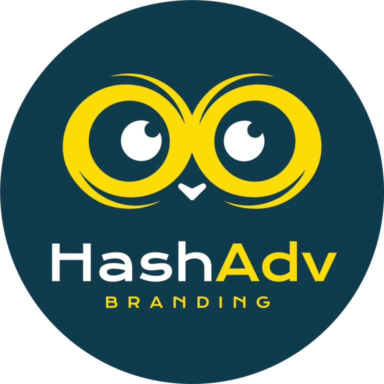 HashAdv Branding logo with yellow owl eyes on a teal blue background, bold and circular design.