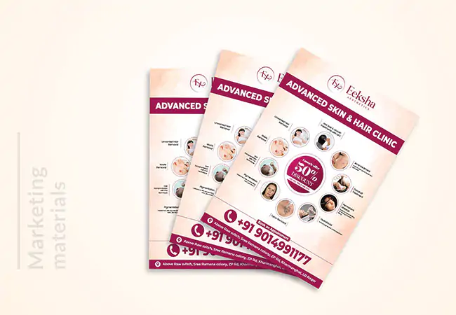 Stack of promotional flyers for Eeksha Aesthetics, an advanced skin and hair clinic, showcasing treatments and a 50% discount offer with clinic contact details-by HashAdv