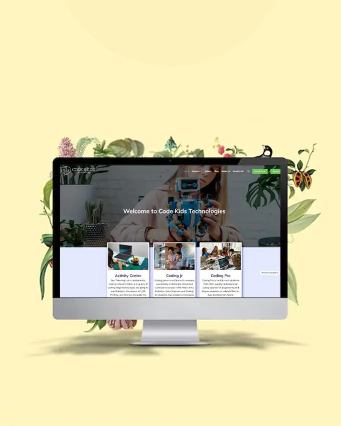 A desktop screen displaying the Code Kids Technologies website, surrounded by vibrant leaves and playful insects on a pastel yellow background.