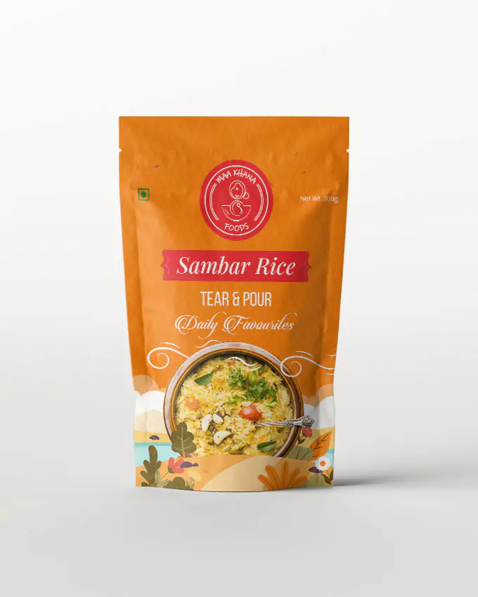 Sambar Rice packaging pouch designed by HashAdv – professional food product graphic design