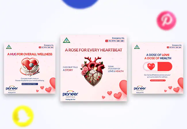 Three pink-themed social media banners for Pioneer Hospitals in Hyderabad: on the left, a heart wrapped in a hug; in the center, an anatomical heart blooming with roses; on the right, a capsule-shaped heart—designed by HashAdv for Graphic Designing and branding.