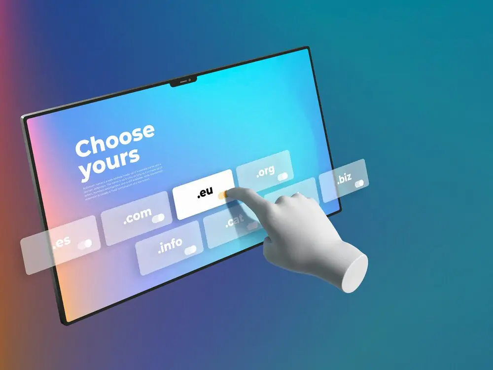 3D-rendered hand taps .eu on a floating domain selector under Choose yours — sample of HashAdv Branding’s web designing.
