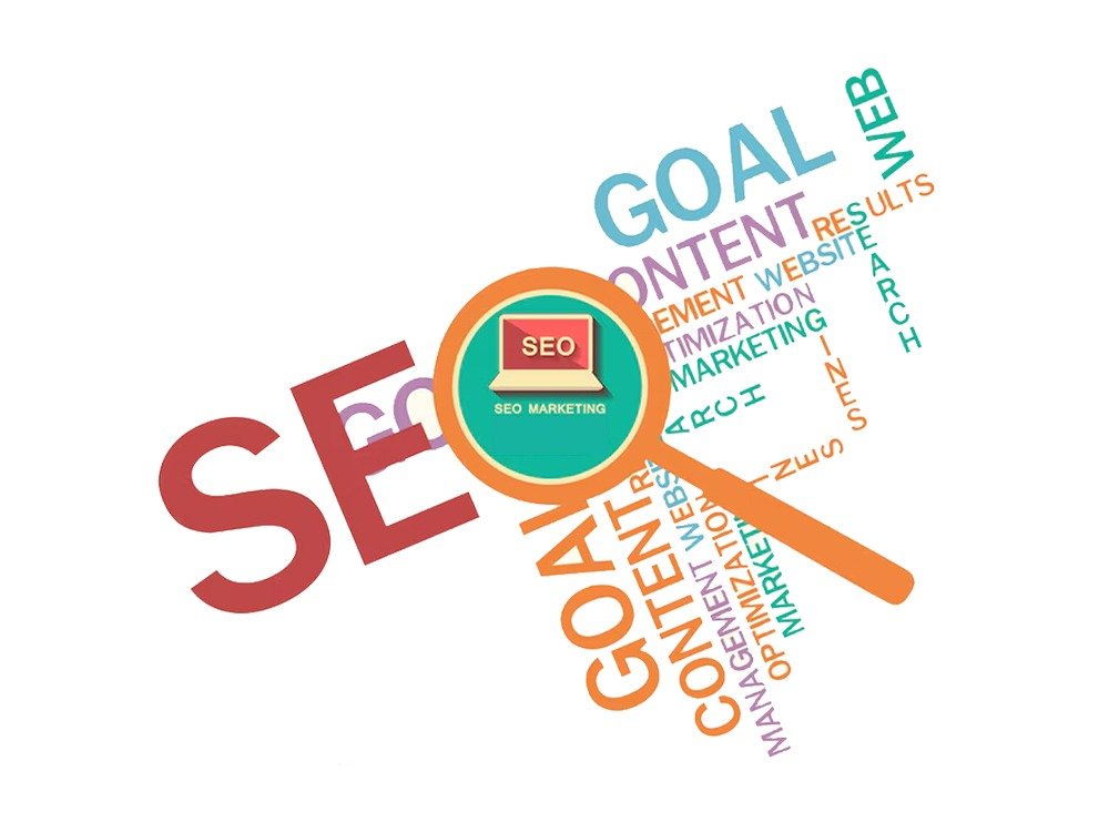 Magnifying glass over an SEO icon and word cloud of “goal,” “content,” “web” illustrating seo services.