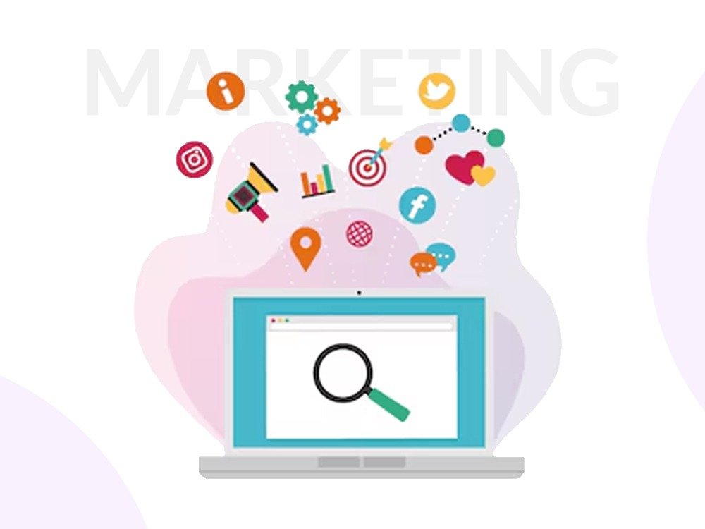Digital Marketing Services concept with laptop and social media, SEO, analytics, and engagement icons for HashAdv