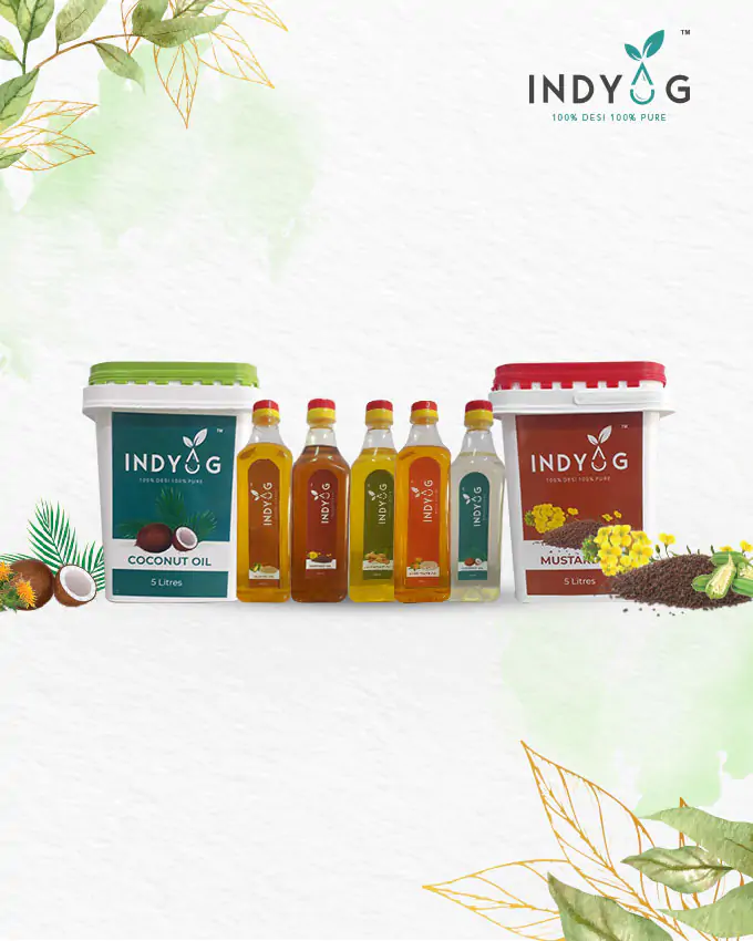 INDYAG cold-pressed oils lineup including mustard and coconut oil in bottles and 5-litre containers