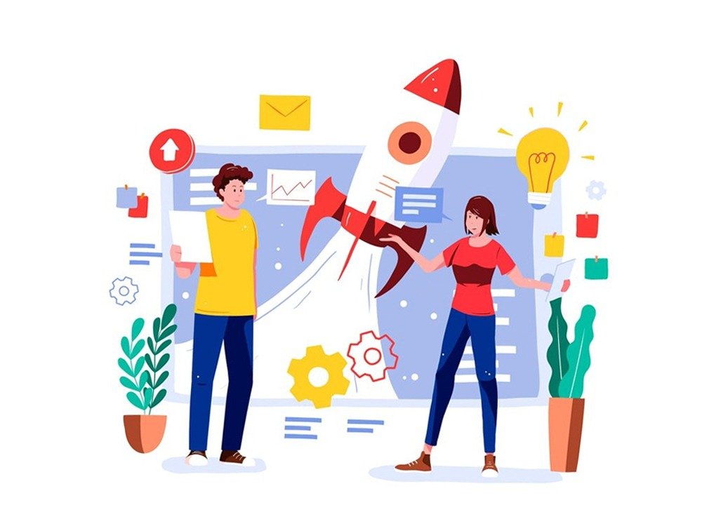 Two team members with a launching rocket, gears, and lightbulb—symbolizing seo services.