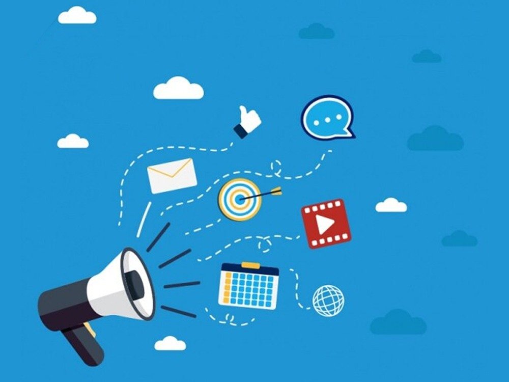 Digital Marketing Services illustration with email, video, calendar, and social media icons for HashAdv