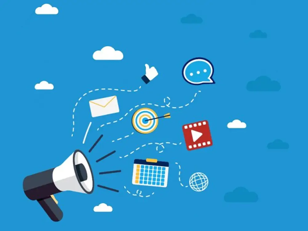 Digital Marketing Services illustration with email, video, calendar, and social media icons for HashAdv