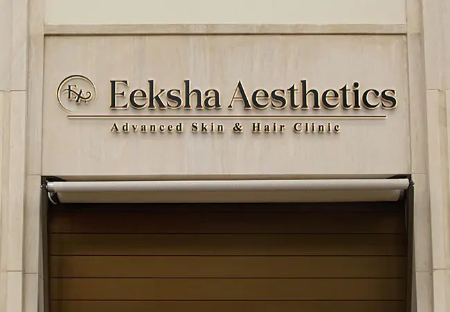 Eeksha Aesthetics skin and hair clinic front elevation with premium branding by HashAdv.