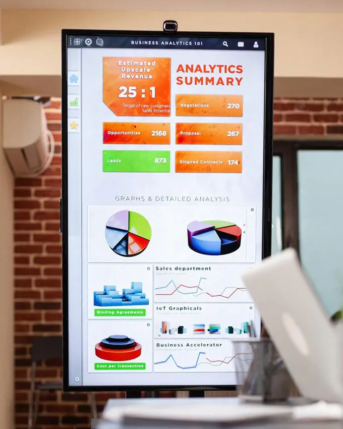 Business analytics dashboard showing marketing KPIs and performance charts on screen – used in branding strategy by HashAdv.