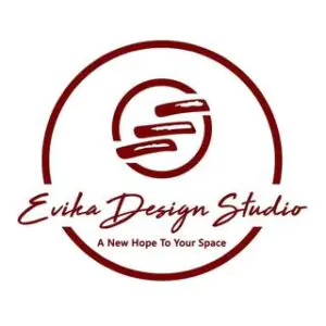 Evika Design Studio logo featuring burgundy circle with S symbol and tagline a new hope to your space