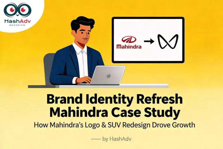 Illustration for brand identity refresh Mahindra case study showing Mahindra logo changing to Twin Peaks logo on a screen, with HashAdv branding and a marketer at a laptop. HashAdv Branding Agency | HashAdv MarComm Agency