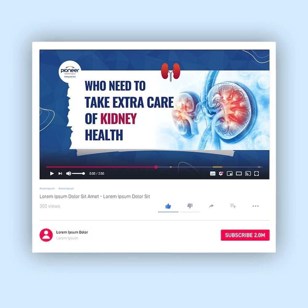 YouTube video thumbnail from Pioneer Hospitals showing 3D kidney graphics and a headline about taking extra care of kidney health, with a medical awareness theme.