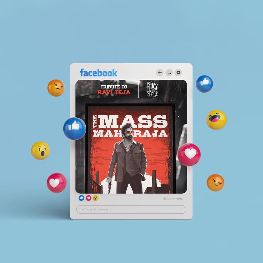 ribute Facebook post design for Telugu actor Ravi Teja titled The Mass Maharaja, created by Filmy Space with emotional social media reactions.