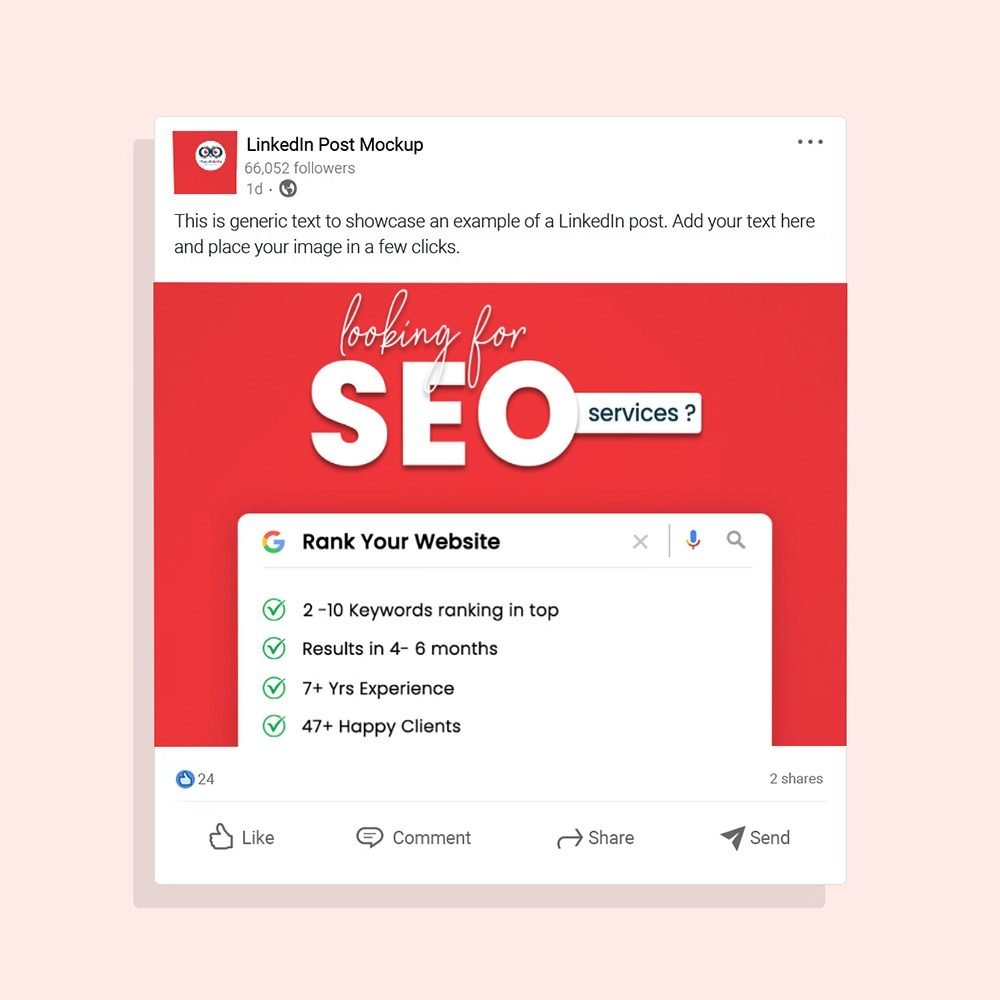 LinkedIn-style SEO service mockup offering keyword ranking, SEO results in 6 months, Hyderabad agency with experience and client success.